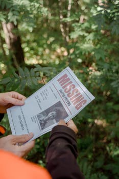 Two hands holding a missing person flyer in a forest setting, implying search or investigation.